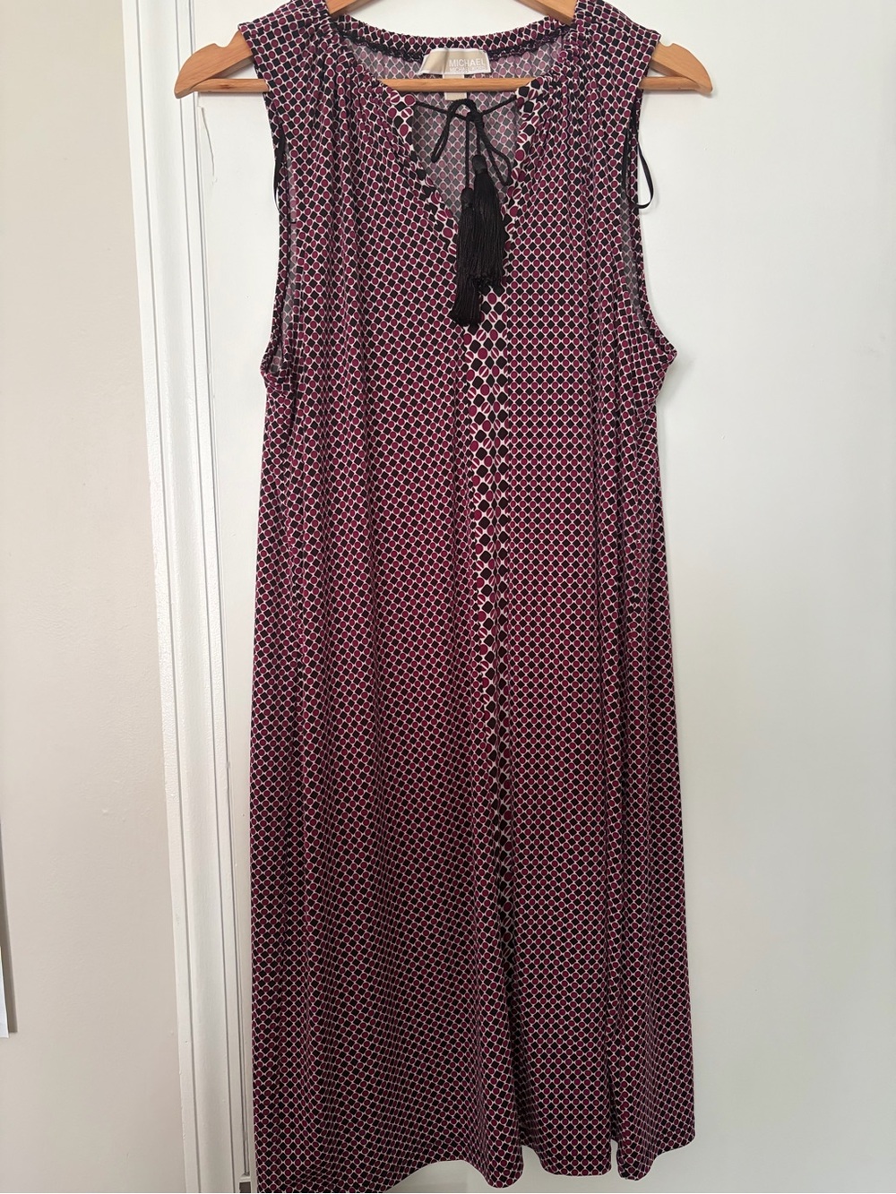 Michael Kors Sleeveless Midi Dress in Burgundy and Black Geometric Print